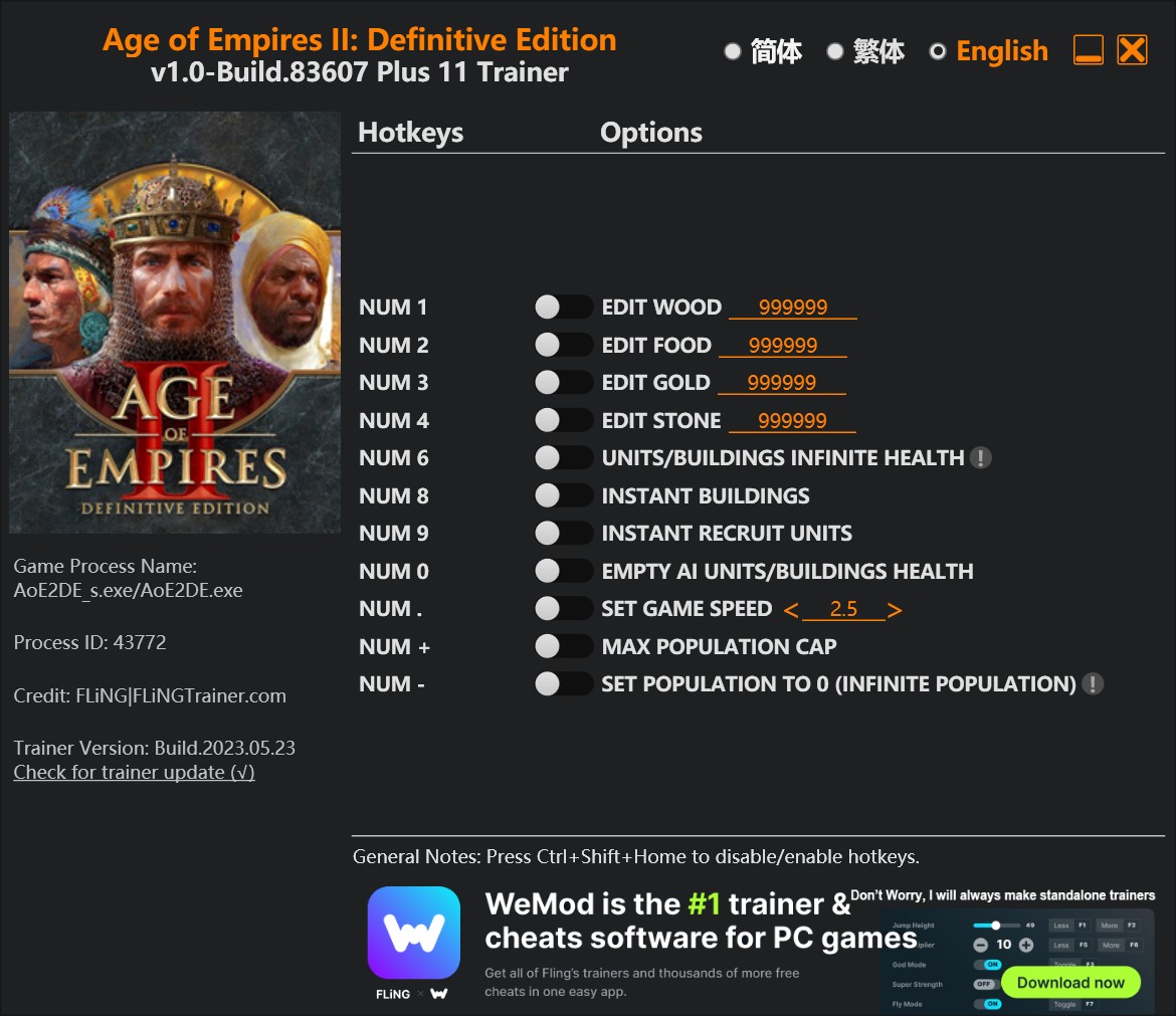 Age of Empires II: Definitive Edition - Trainer +11 v1.0-Build.83607 {FLiNG}